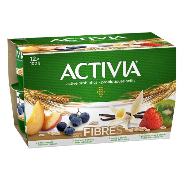 Danone Activia Fibres Yogurt- Peach, Blueberry, Vanilla. Strawberry 12x100g